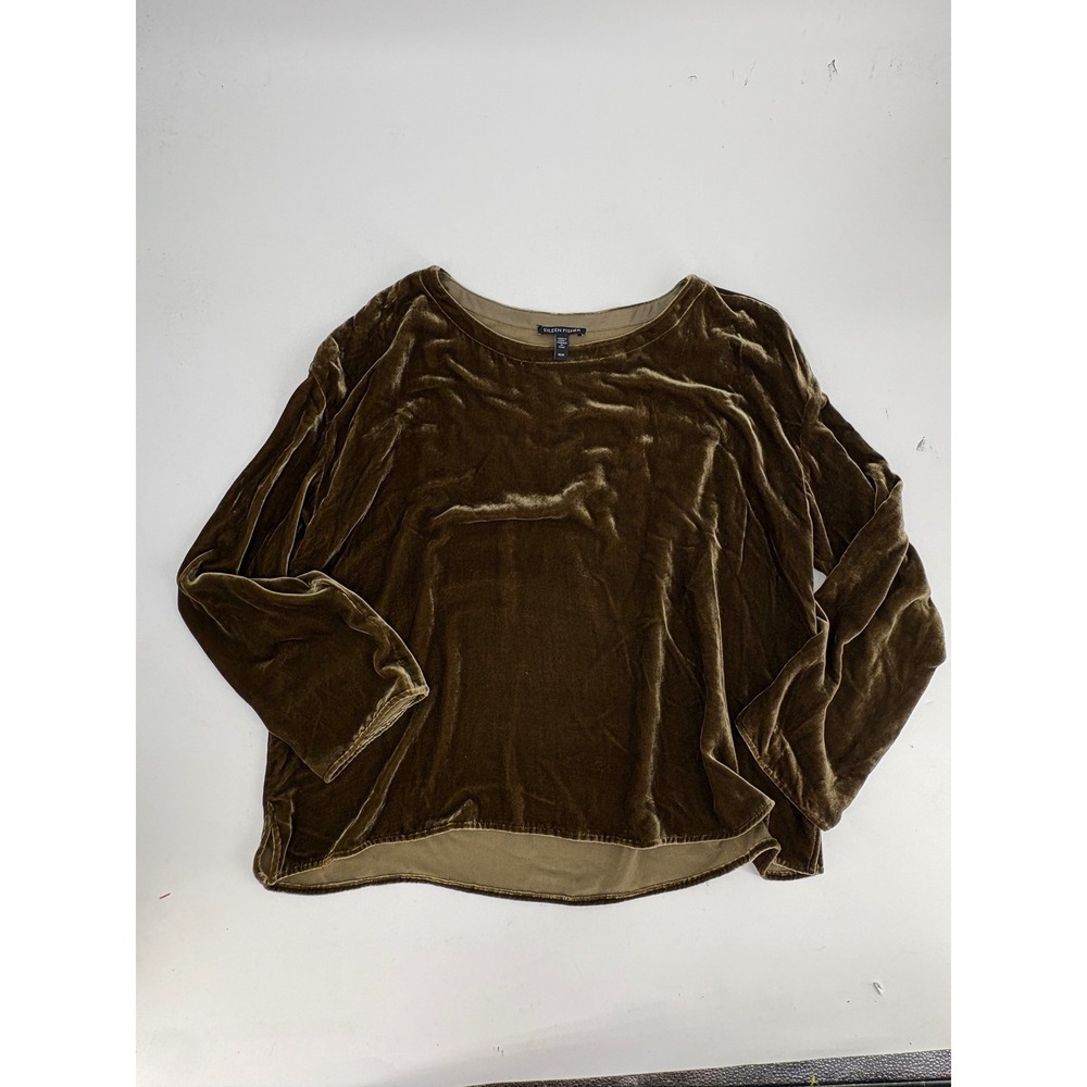 Eileen Fisher Olive Green Silk Blend Velvet Long Sleeve Top Size M/M
